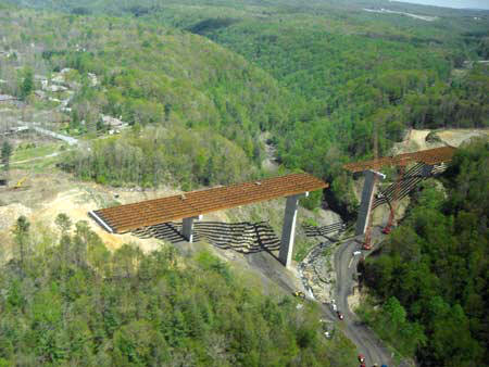 Bridge builder and heavy/highway contractor Vecellio & Grogan is building a bridge for a Rte-19 bypass highway near Beckley, WV. V&G provides bridge construction services to design-build partners and general contractors. (Photo by Matt Farley)