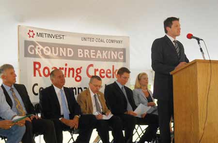 A number of dignitaries, including the acting governor of West Virginia and a U.S. Senator, were on hand to address the audience at a recent groundbreaking for Roaring Creek in Ellamore, WV, where Vecellio & Grogan will perform the coal site development work. (Photo by Joe Mattlin)