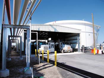 An automated truck-loading rack services tankers at South Florida Materials Corp.’s new diesel terminal, which features two high-capacity storage tanks. 